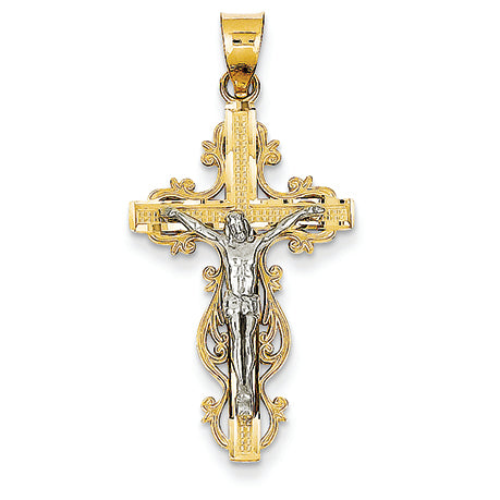14K Gold Two-tone Medium Narrow Cross w/Crucifix Pendant