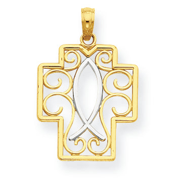14K Gold Two-tone Filigree Cross with Ichthus Pendant