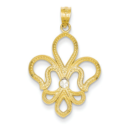 14K Gold Yellow Gold Rhodium Plated Diamond Cut Fleur de lis Pendant