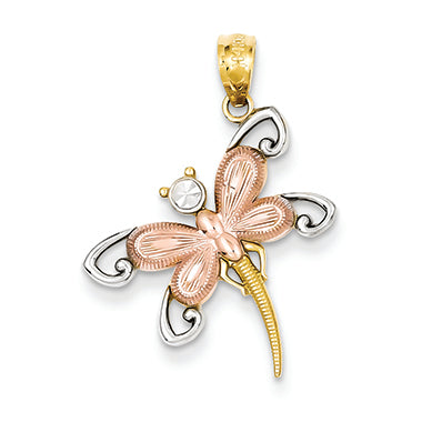 14K Gold Two-tone Gold Rhodium Plated D/C Dragonfly Pendant