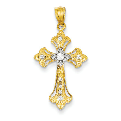14K Gold Yellow Gold Rhodium Plated Diamond Cut Cross Pendant