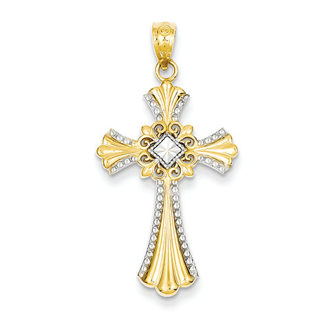 14K Gold Yellow Gold Rhodium Plated Diamond Cut Cross Pendant