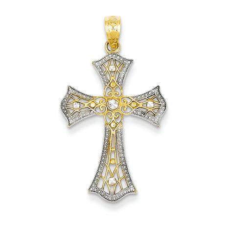 14K Gold Yellow Gold Rhodium Plated Diamond Cut Cross Pendant