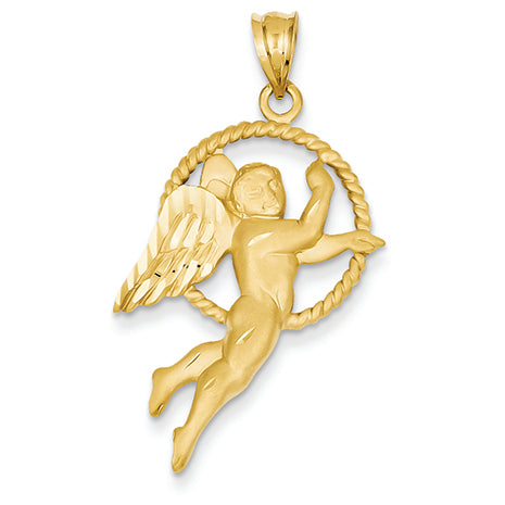 14K Gold Satin & Diamond-cut Angel Pendant