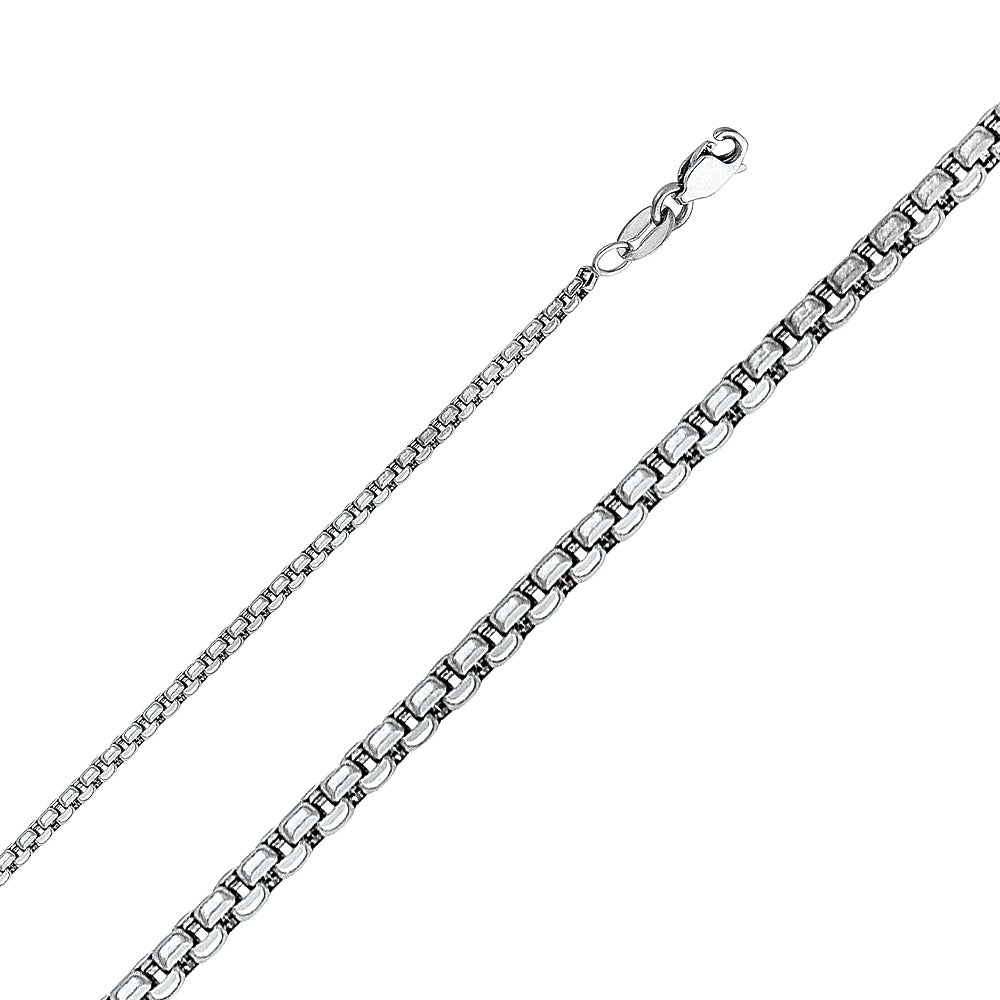 14K Solid White Gold Round Box Chain 2mm thick 20 Inches. Made in Italy