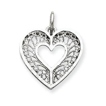 14K White Gold Solid Diamond-cut Fancy Filigree Heart Charm