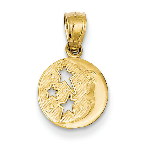 14K Gold Polished Flat-Backed Moon with Three Stars Pendant