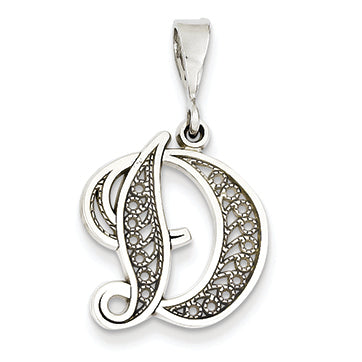14K White Gold Solid Polished Filigree Initial D Pendant