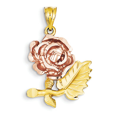 14K Gold Two-Tone Solid Satin Diamond-cut Flower Pendant
