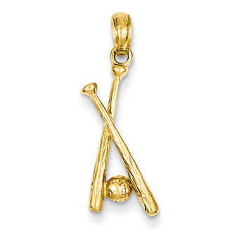 14K Gold Polished Open-Backed Bats & Ball Baseball Pendant