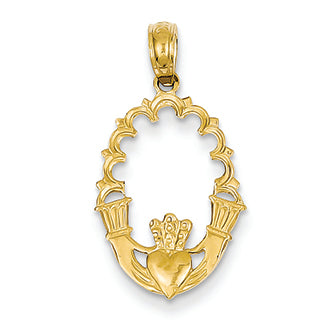 14K Gold Solid Polished Flat-Backed Claddagh Pendant
