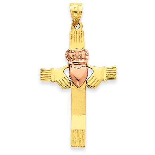 14K Gold Two-Tone Claddagh Cross Pendant