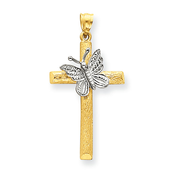 14K Gold Two-tone Cross with Butterfly Pendant