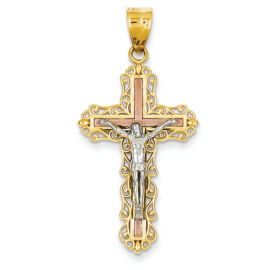 14K Gold Tri-Color Diamond Cut Crucifix Pendant