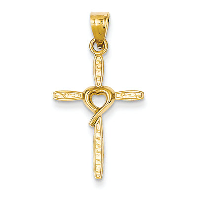 14K Gold Small Heart Center Cross Pendant