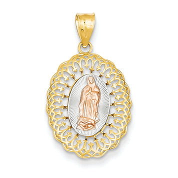 14K Gold Two-tone & Rhodium Sm Guadalupe w/Crosses Oval Pendant