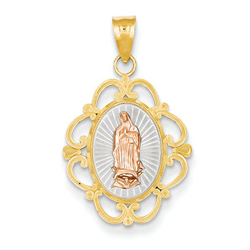 14K Gold Two-tone & Rhodium Guadalupe Scrolled Oval Pendant