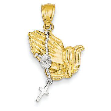 14K Gold Two-tone Rosary w/Dangling Cross & Praying Hands Oval Pendant