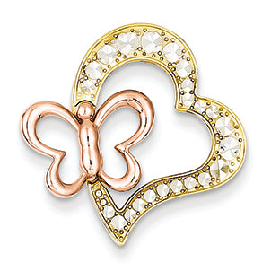 14K Gold Two-tone Rhodium Plated Diamond Cut Heart and Butterfly Pendant