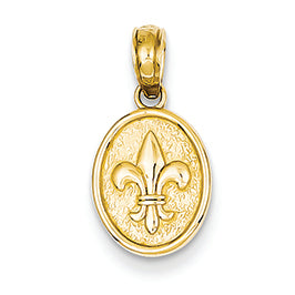 14K Gold Polished Small Fleur De Lis in Oval Pendant