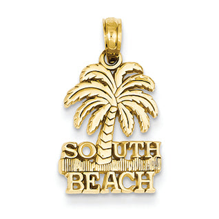 14K Gold Polished Palm Tree w/ South Beach Pendant