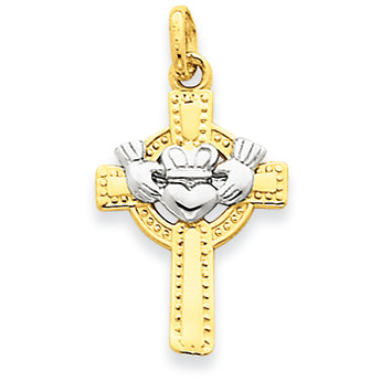 14K Gold Two-tone Claddagh Cross Pendant