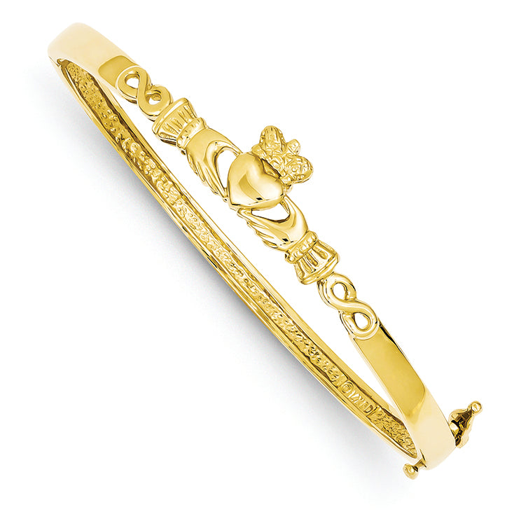 14K Gold 4mm Diamond-cut Claddagh Hinged Bangle Bracelet