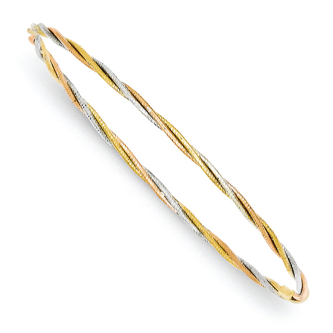 14K Gold Tri-color Diamond Cut Twisted Bangle