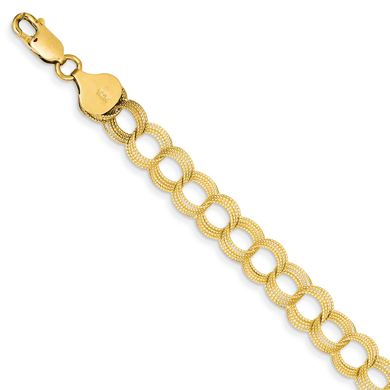 14K Gold Solid Triple Link Charm Bracelet 7 Inches