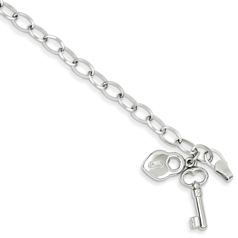 14K White Gold Polished Heart Lock and Key Bracelet 7.5 Inches
