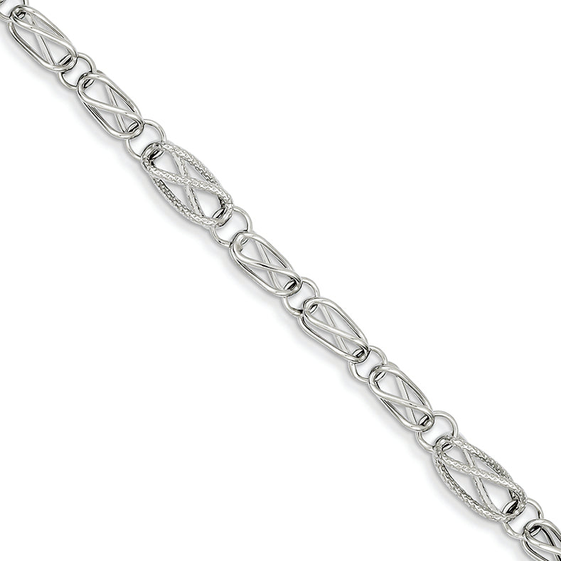 14K White Gold Polished and Textured Fancy Link Bracelet 7.5 Inches