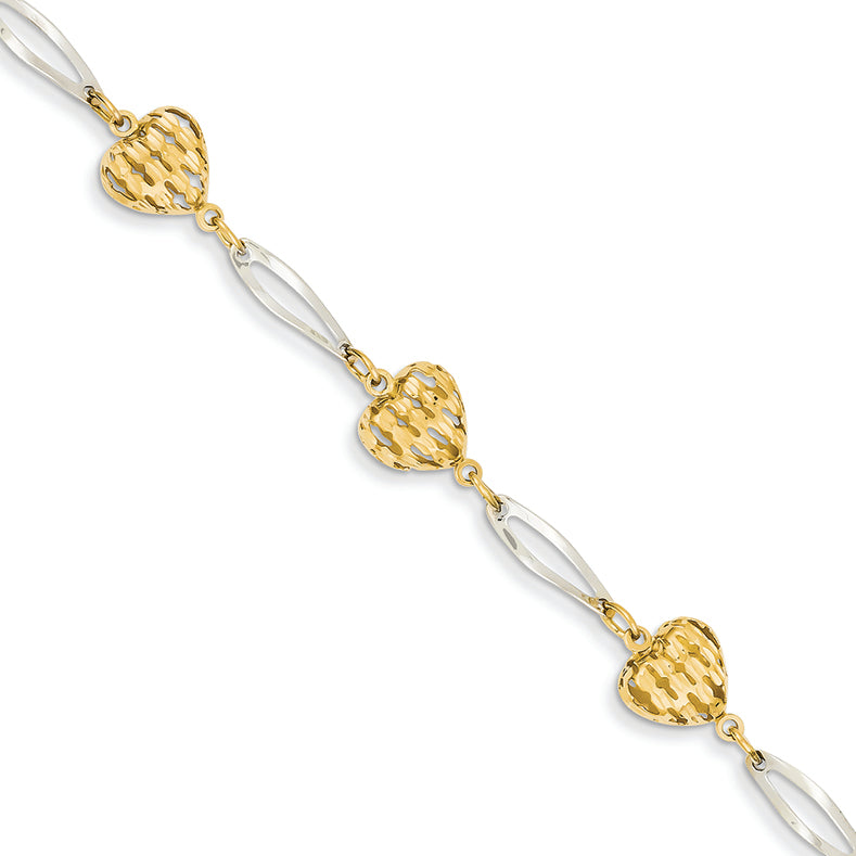 14K Gold Two-tone Diamond Cut Heart Bracelet 7.25 Inches