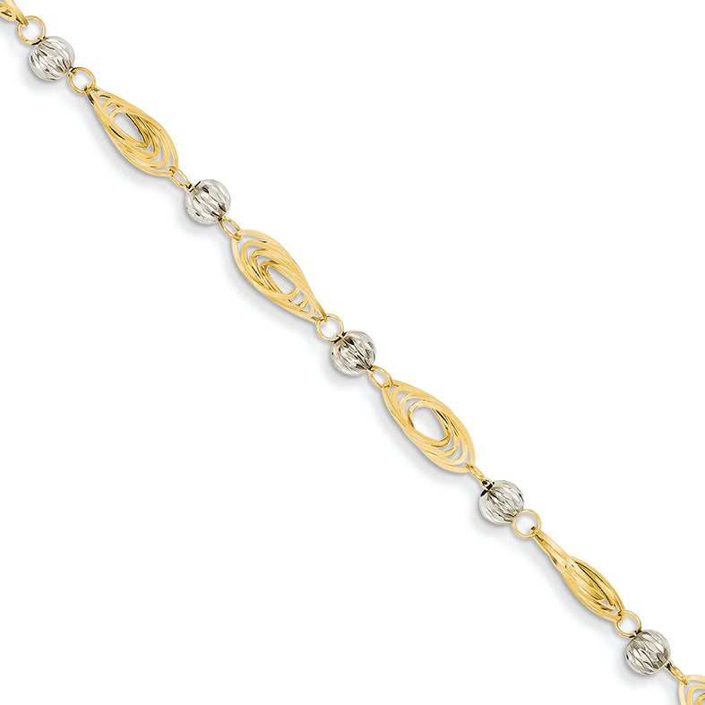 14K Gold Gold Two-tone Oval Links with Diamond Cut Beads Bracelet 7.25 Inches