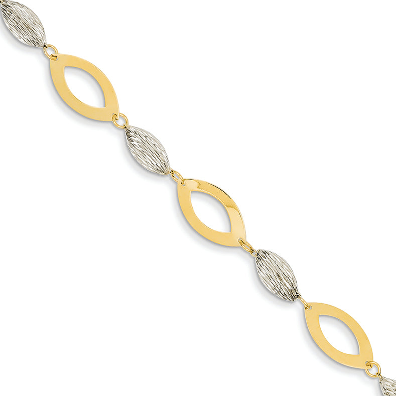 14K Gold Two-tone Flat Marquise Link D/C Rice Beads Bracelet 7.25 Inches