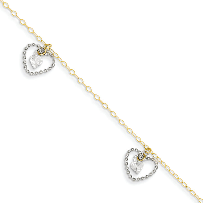 14K Gold Two-tone Twisted and Diamond Cut Hearts Bracelet 7.5 Inches