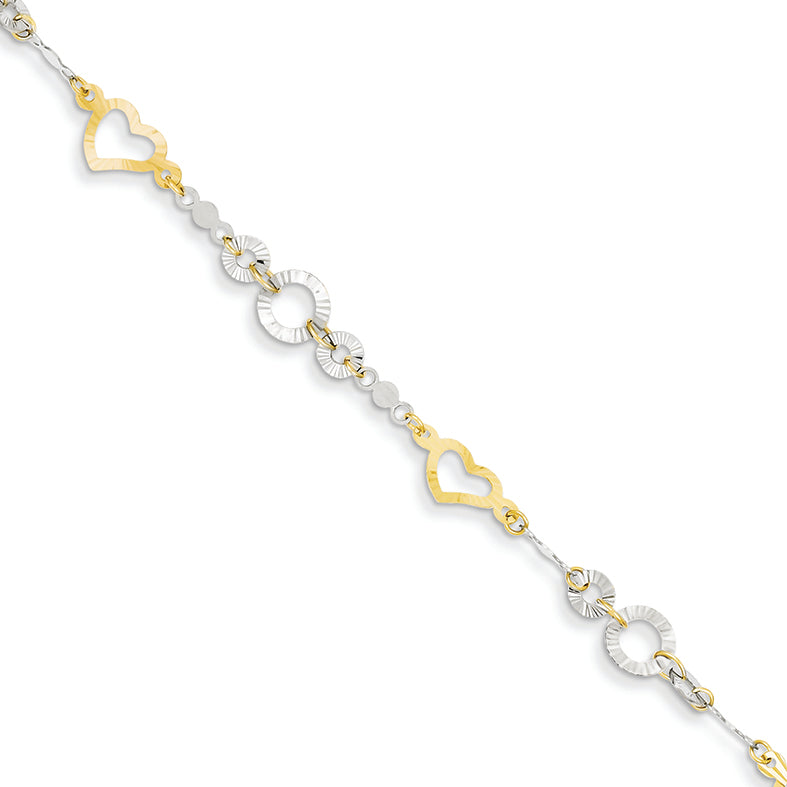 14K Gold Two-tone Diamond Cut Hearts and Circle Bracelet 7.25 Inches