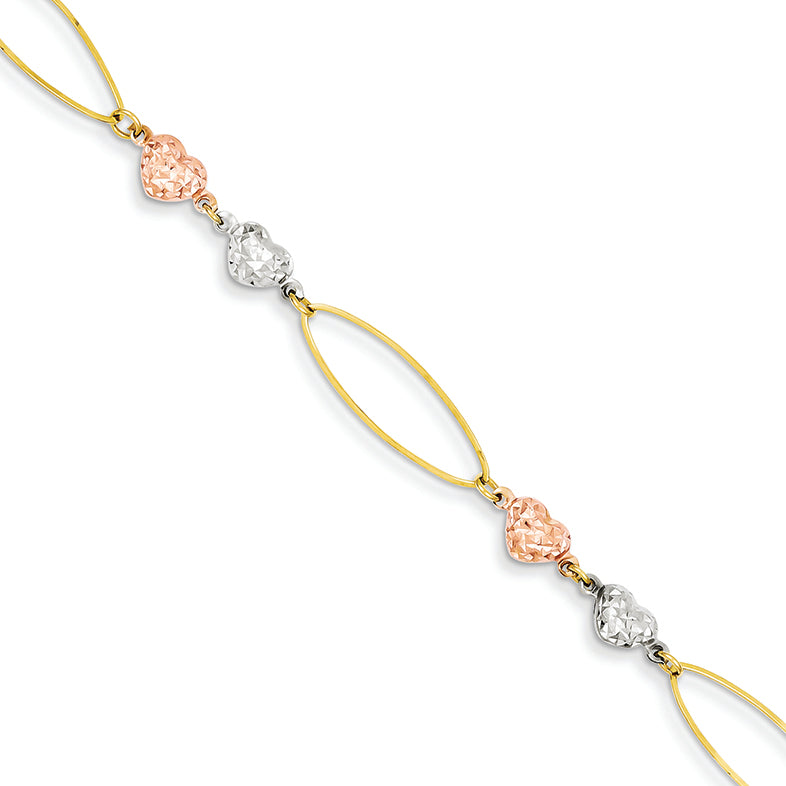 14K Gold Tri-Color Marquise Link D/C Puff Hearts Bracelet 7.5 Inches