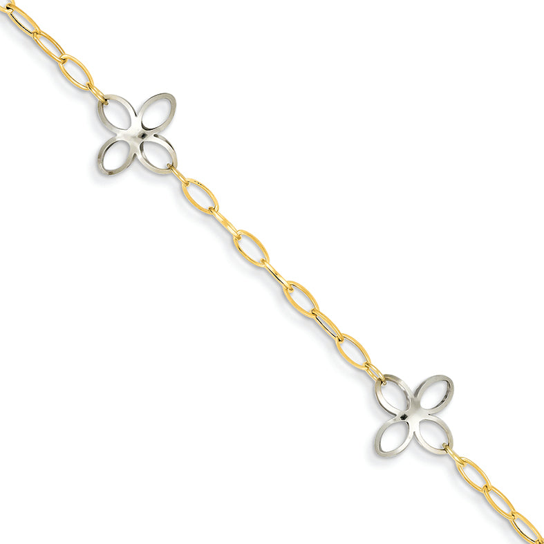 14K Gold Two-tone Oval Links with Open Flowers Bracelet 7.5 Inches