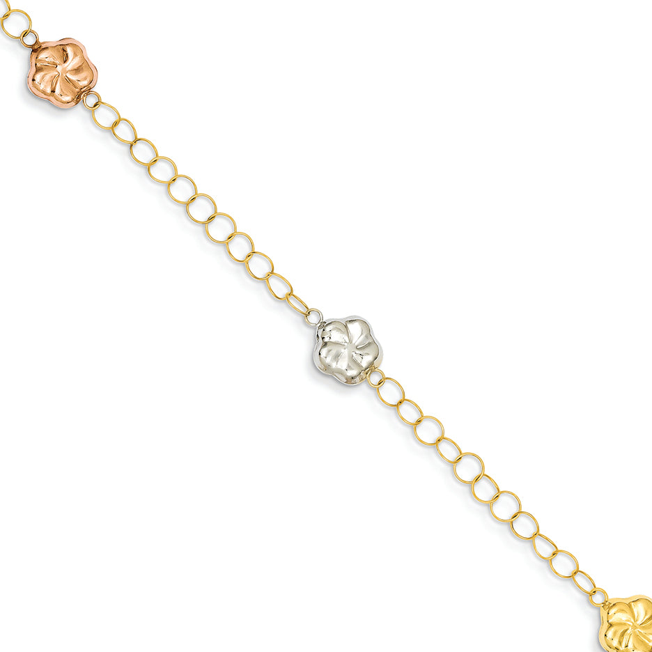 14K Gold Tri-color Puff Flowers Bracelet 7.25 Inches