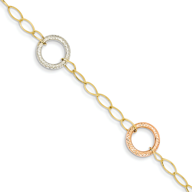 14K Gold Tri-color Oval Chain with Diamond Cut Circles Bracelet 7 Inches