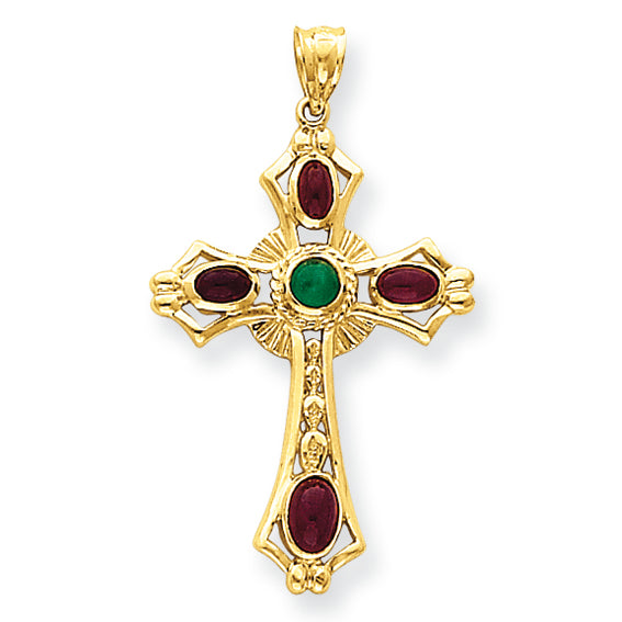 14K Gold Ruby & Emerald Cabochon Cross Pendant