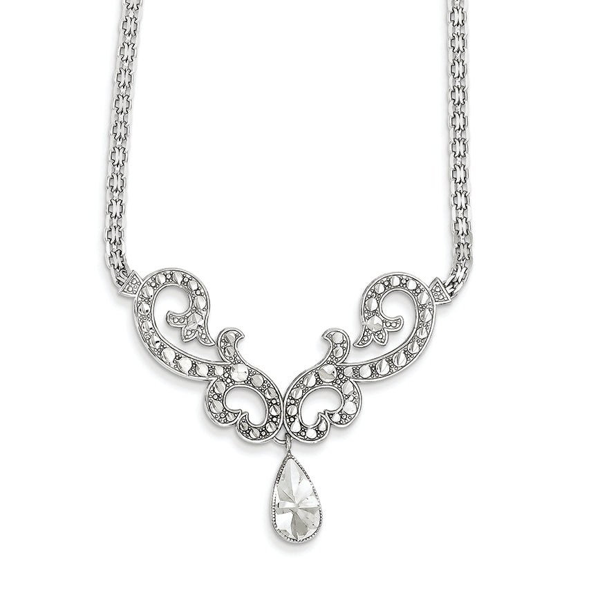 14K White Gold 16in Satin DC Filigree Design Teardrop Necklace 16 Inches