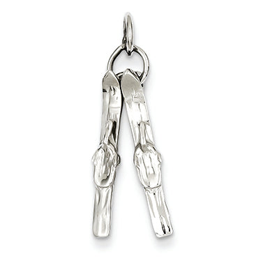 14K White Gold Solid Polished 3-Dimensional Pair of Skis Charm