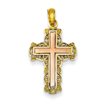 14K Gold Two-tone Filigree Cross Pendant