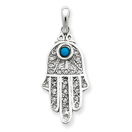 14K White Gold Turquoise Filigree Chamseh Pendant