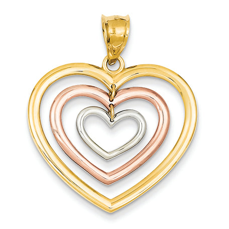 14K Gold Tri-color Dangle 3 Heart Pendant