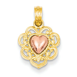 14K Gold Two-tone Heart with Lace Fringe Pendant