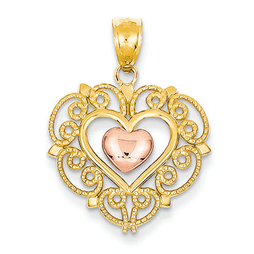 14K Gold Two-tone Lace Trim Heart with Heart Pendant