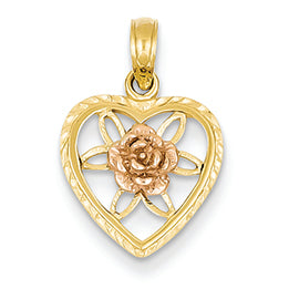 14K Gold Two-tone Cut-out Heart with Flower Pendant