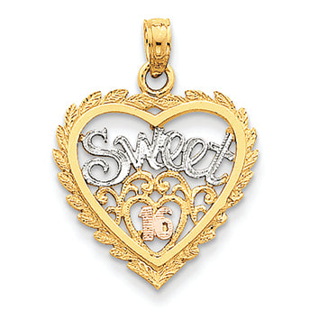 14K Gold Yellow & Rose Gold w/Rhodium Sweet 16 Heart Pendant